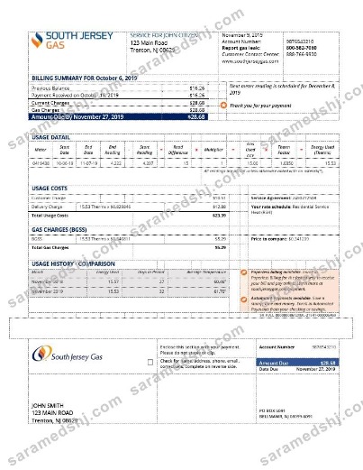 USA New Jersey gas utility bill template in Word and PDF format (.doc and .pdf)